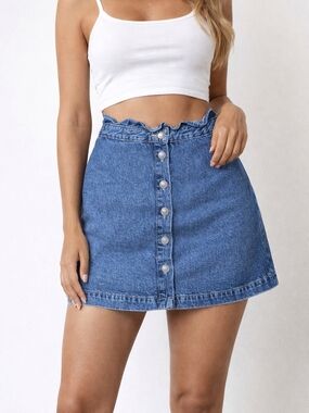 EUC H&M Divided Blue Denim Button-Up A-Line High Waisted Skirt, Sz 0 (XXs)